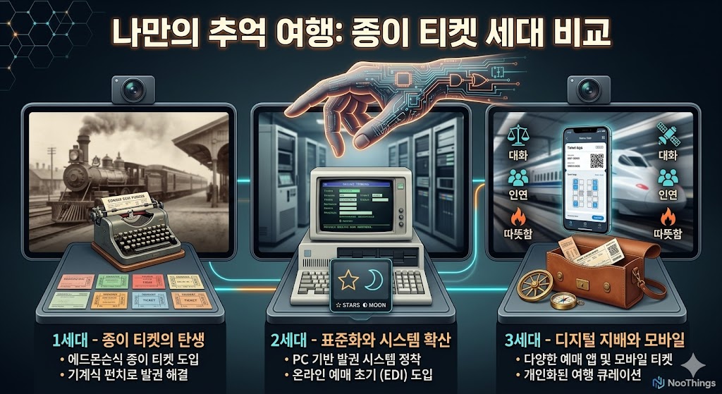 옛 기차역 종이표 세대 비교: 1세대 에드몬슨식 종이표, 2세대 PC 발권 시스템, 3세대 모바일 티켓