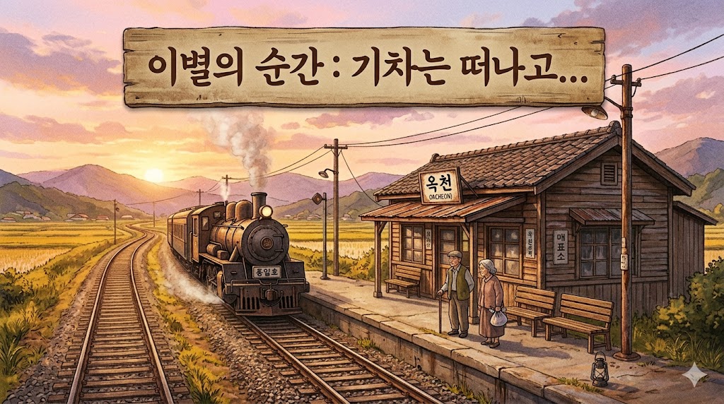 간이역 플랫폼에서 떠나는 기차를 배웅하는 노부부 — 이별의 순간