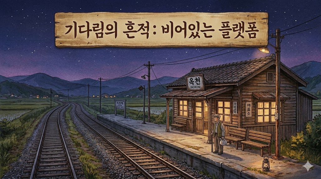 밤의 빈 플랫폼에서 기차를 기다리는 노인 — 적막한 간이역