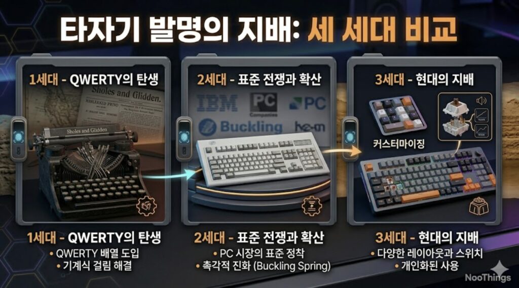 타자기 역사 3세대 비교: QWERTY 탄생, 표준 전쟁, 현대 기계식 키보드